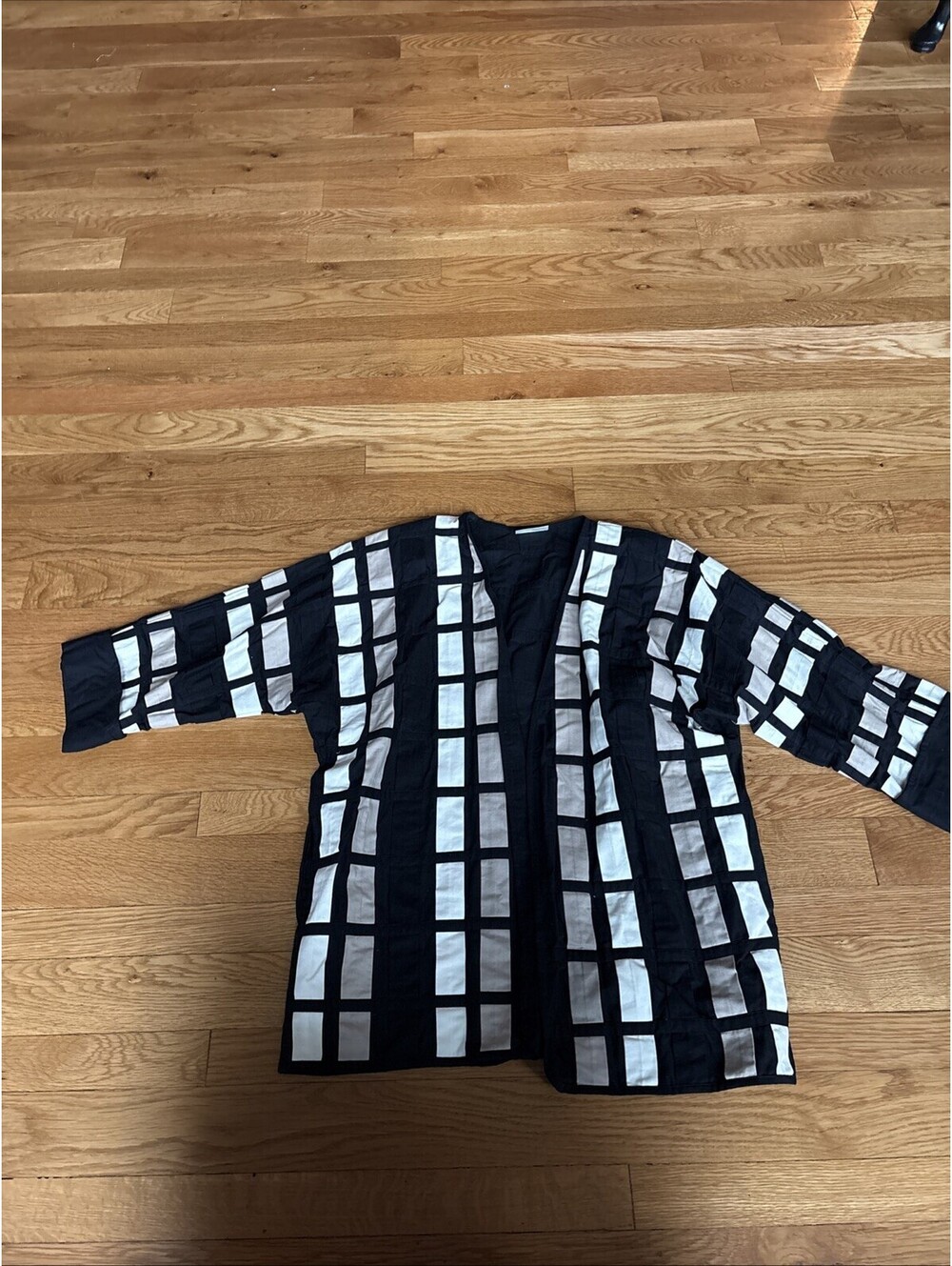 Yak Magik Patchwork Kimono Jacket Grid Pattern Open Front 2X Black Tan Excellent